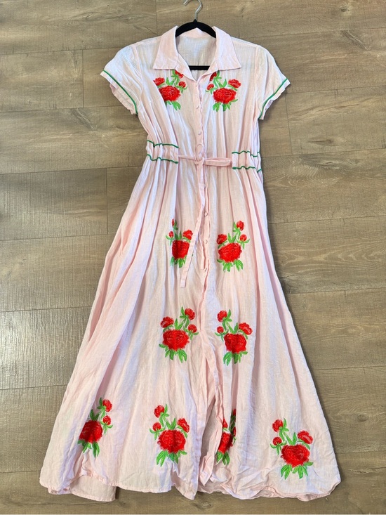 Fanm Mon Dresses & Skirts - Fanm Mon Linen Dress - Button-Front with Red Rose Embroidery